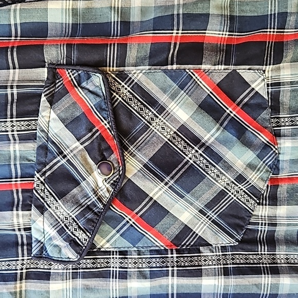 Guess Western Blue Red White Plaid Snap Button Long Sleeve Shirt Men's 2XL - Picture 4 of 15